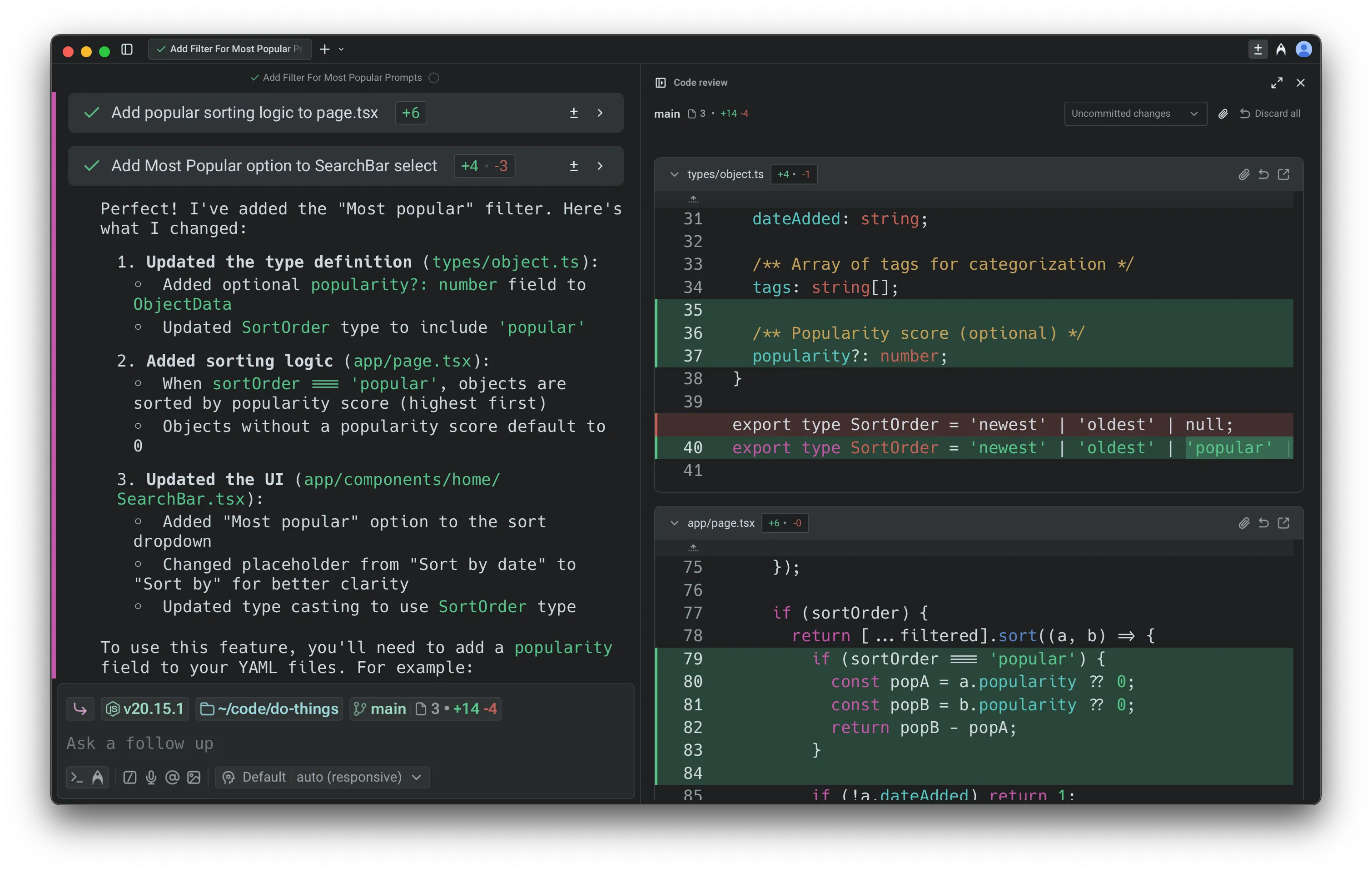 Full view of Code Review panel and terminal pane.